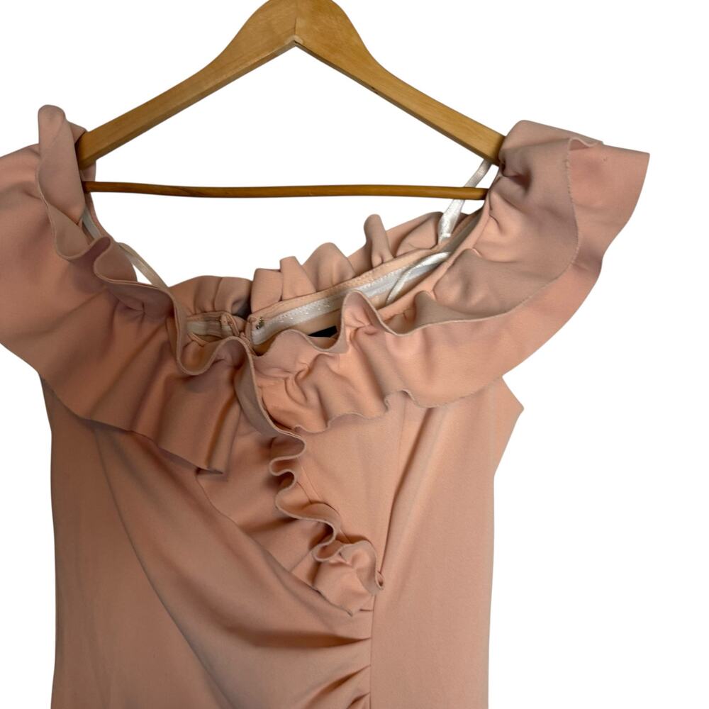 Xscape Blush Pink Long Stretch Scuba Crepe Ruffled Ruched Slit Formal Dress 14 - Picture 6 of 10